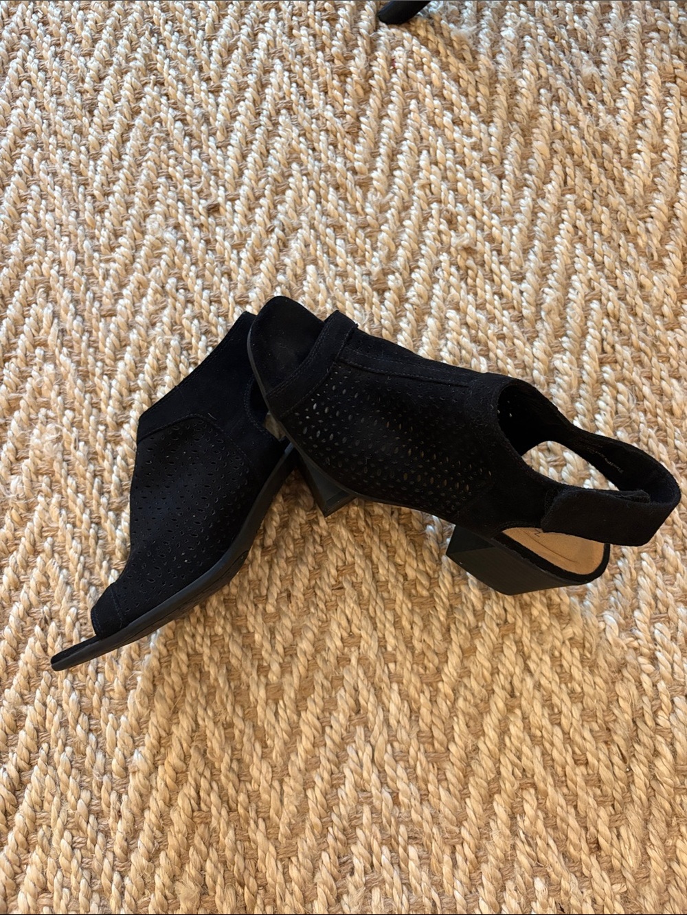 Black Suede Peep-Toe Slingback Block Heel Sandals
